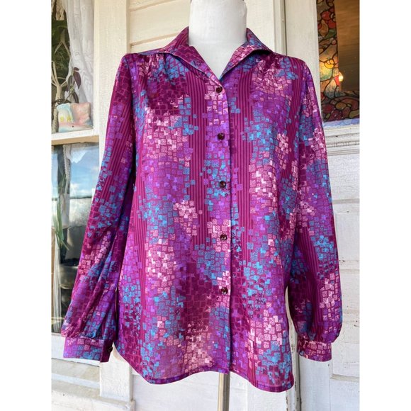 Vintage 1970s Womens Blouse Pink Purple Abstract Print - Picture 1 of 14